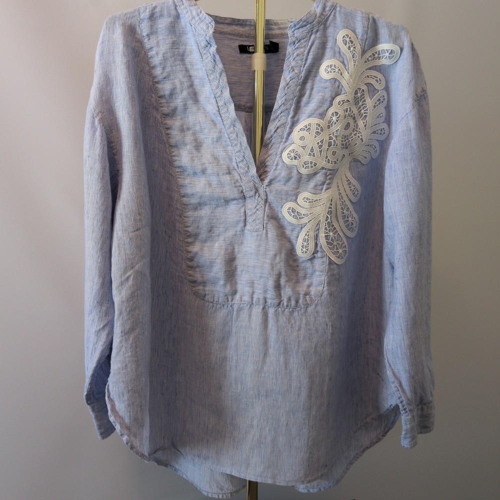 Lauren Ralph Lauren Tunic Womens 2X Blue Striped 100% Linen Lace Appliqué Top